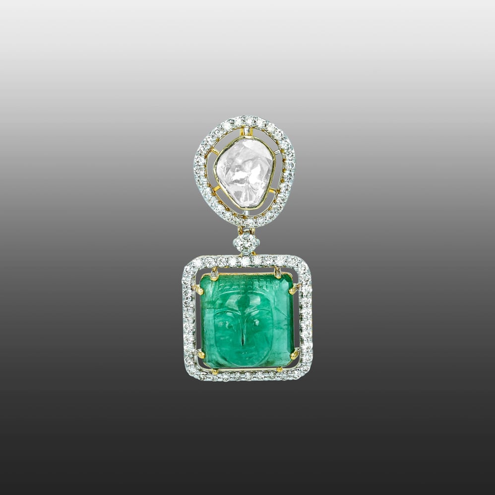 Carved Emerald Pendant with Halo Polki and Diamond